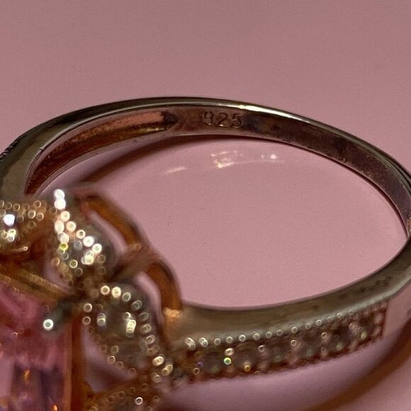 💛 Art Deco 925 Rose Gold Vermeil Created Pink Topaz & CZ Ring - Picture 3 of 5
